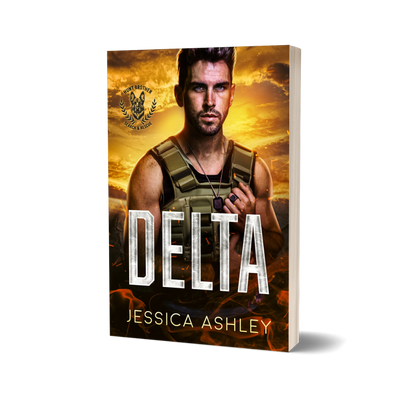 Book cover of 'Delta' by Jessica Ashley with a man in tactical gear against a fiery background.