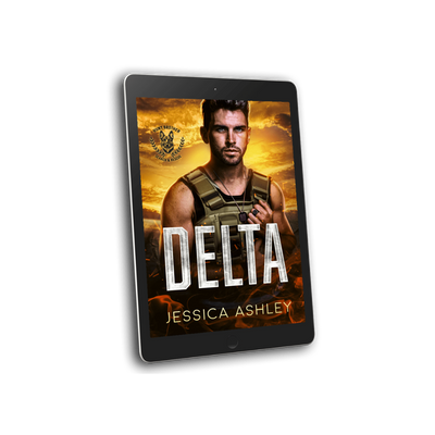 Ebook cover of 'Delta' by Jessica Ashley on a tablet with a desert landscape background.