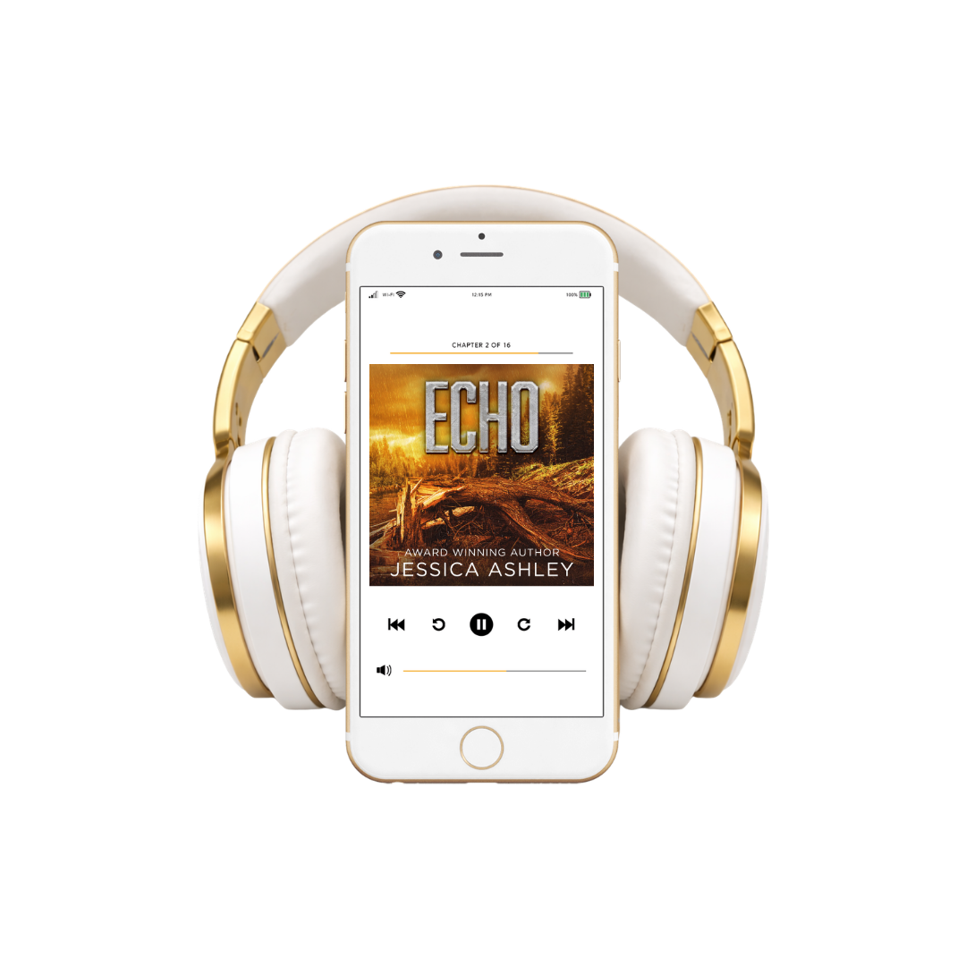 White and gold headphones with a smartphone displaying an audiobook titled 'Echo' by Jessica Ashley.