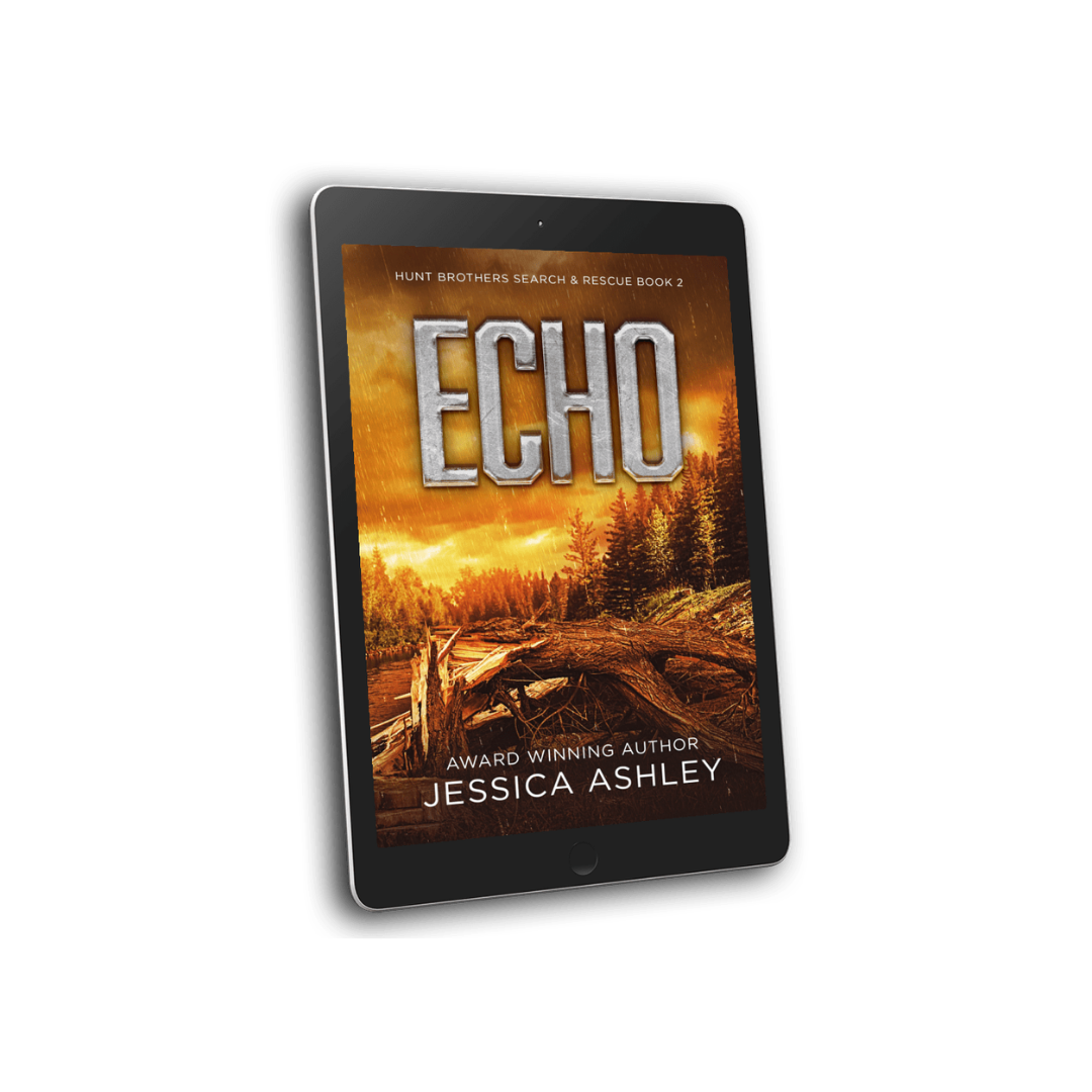 Ebook cover of 'Echo' by Jessica Ashley on a tablet with a forest scene