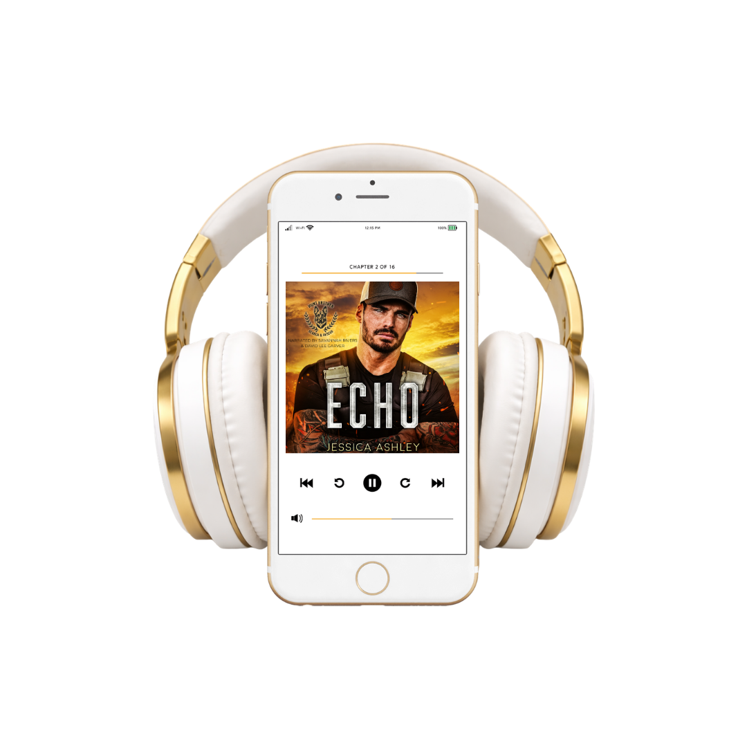 White and gold headphones with a smartphone displaying an audiobook cover titled 'Echo' by Jessica Ashley.