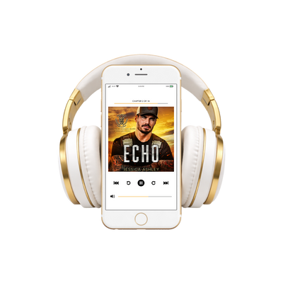 White and gold headphones with a smartphone displaying an audiobook cover titled 'Echo' by Jessica Ashley.