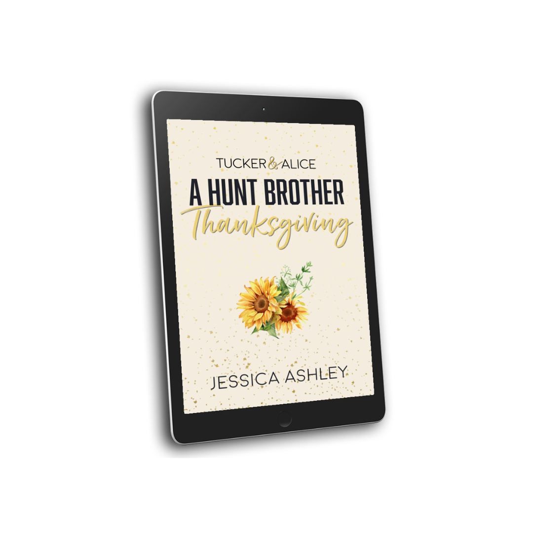 Ebook cover of 'A Hunt Brother Thanksgiving' by Jessica Ashley on a tablet screen.