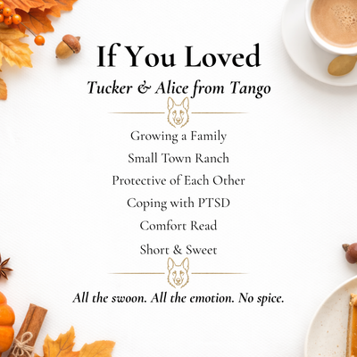 Promotional text for a book or story about Tucker and Alice from Tango, with autumn-themed elements on a white background.