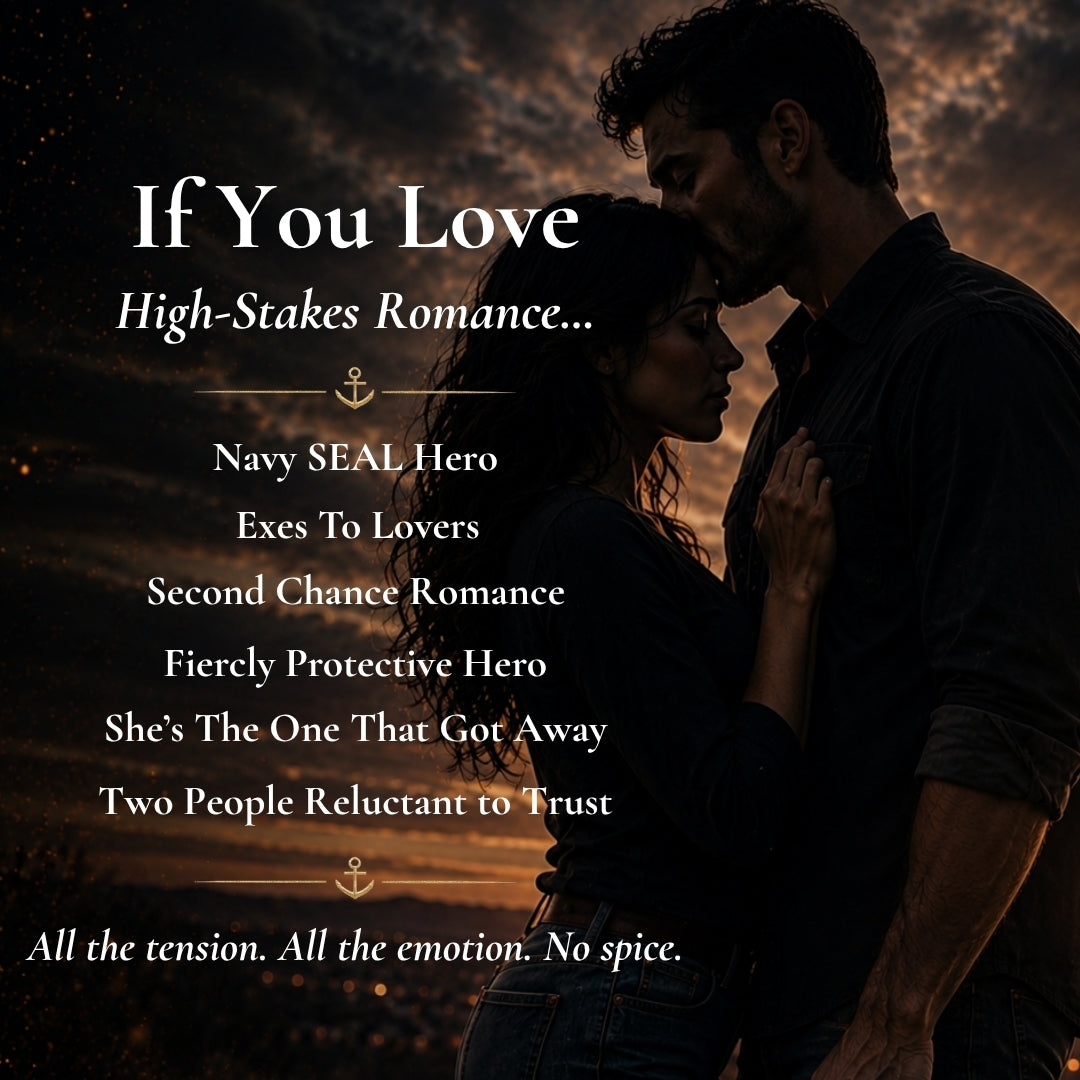 Romance-themed promotional graphic with a silhouetted couple embracing against a dramatic sunset sky, overlaid with white text reading 'If You Love High-Stakes Romance.
