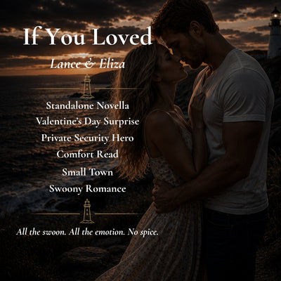 Book cover for 'If You Loved Lance & Eliza' featuring a romantic couple embracing on a beach at sunset, with a lighthouse in the background and white text listing novella themes.