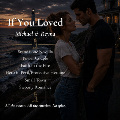 A Coastal Easter novella featuring a couple embracing by the ocean at sunset, with white text listing the book's themes and tags.