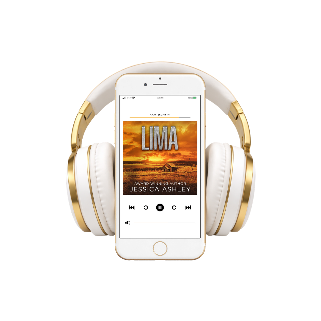 White and gold headphones with a smartphone displaying an audiobook cover titled 'Lima' by Jessica Ashley on a white background.