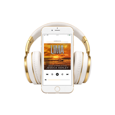 White and gold headphones with a smartphone displaying an audiobook cover titled 'Lima' by Jessica Ashley on a white background.