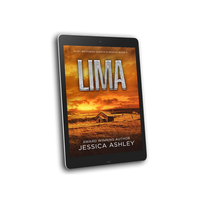 Ebook cover of 'Lima' by Jessica Ashley on a tablet with a sunset and cabin design.