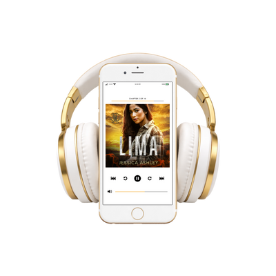 White and gold headphones with a smartphone displaying a book cover on a white background