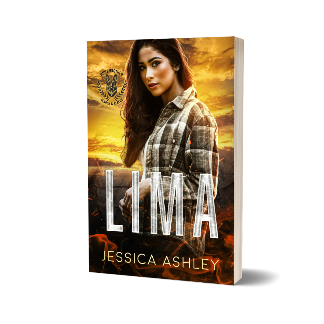 Book cover of 'Lima' by Jessica Ashley with a woman in a plaid shirt against a fiery background.