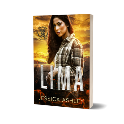 Book cover of 'Lima' by Jessica Ashley with a woman in a plaid shirt against a fiery background.