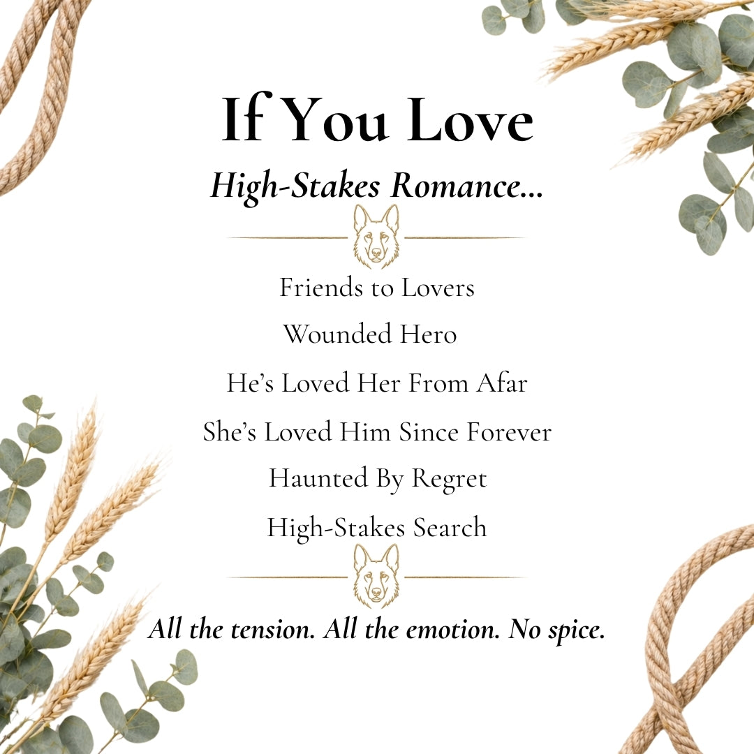Text about high-stakes romance with decorative elements on a white background