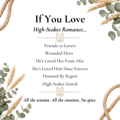 Text about high-stakes romance with decorative elements on a white background
