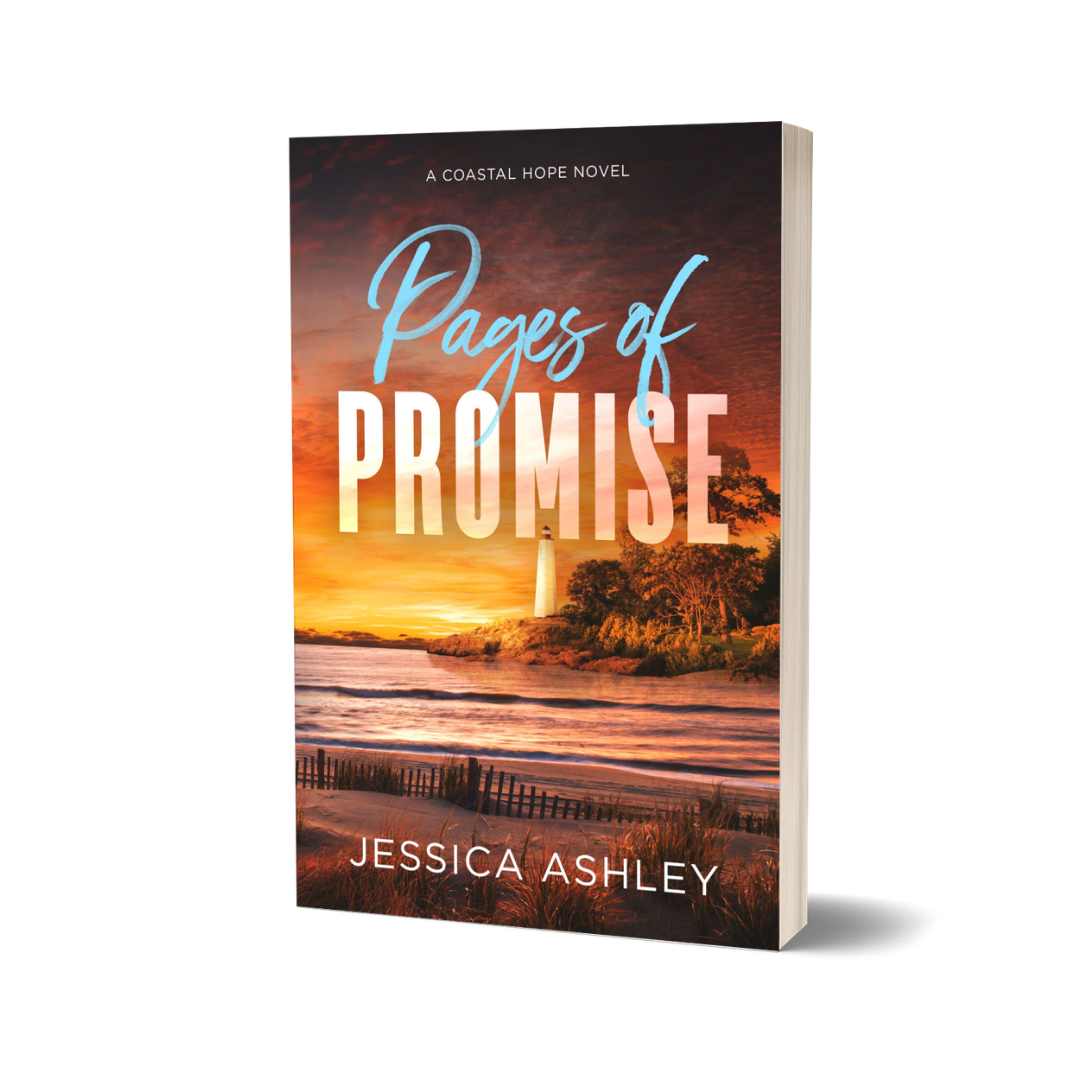 Book cover of 'Pages of Promise' by Jessica Ashley with a lighthouse and sunset design.