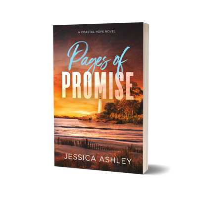 Book cover of 'Pages of Promise' by Jessica Ashley with a lighthouse and sunset design.