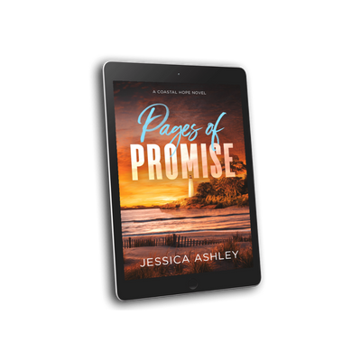E-book cover of 'Pages of Promise' by Jessica Ashley on a tablet with a sunset over water design.