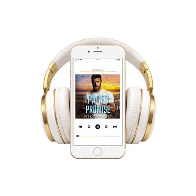 White and gold headphones with a smartphone displaying an audiobook cover on a white background