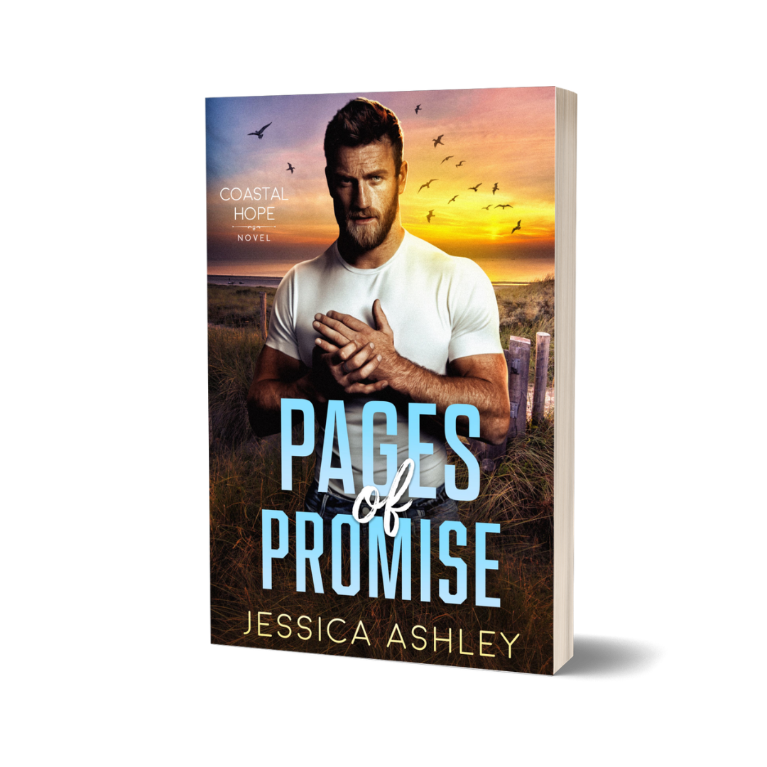 Book cover of 'Pages of Promise' by Jessica Ashley with a man in a field and sunset.