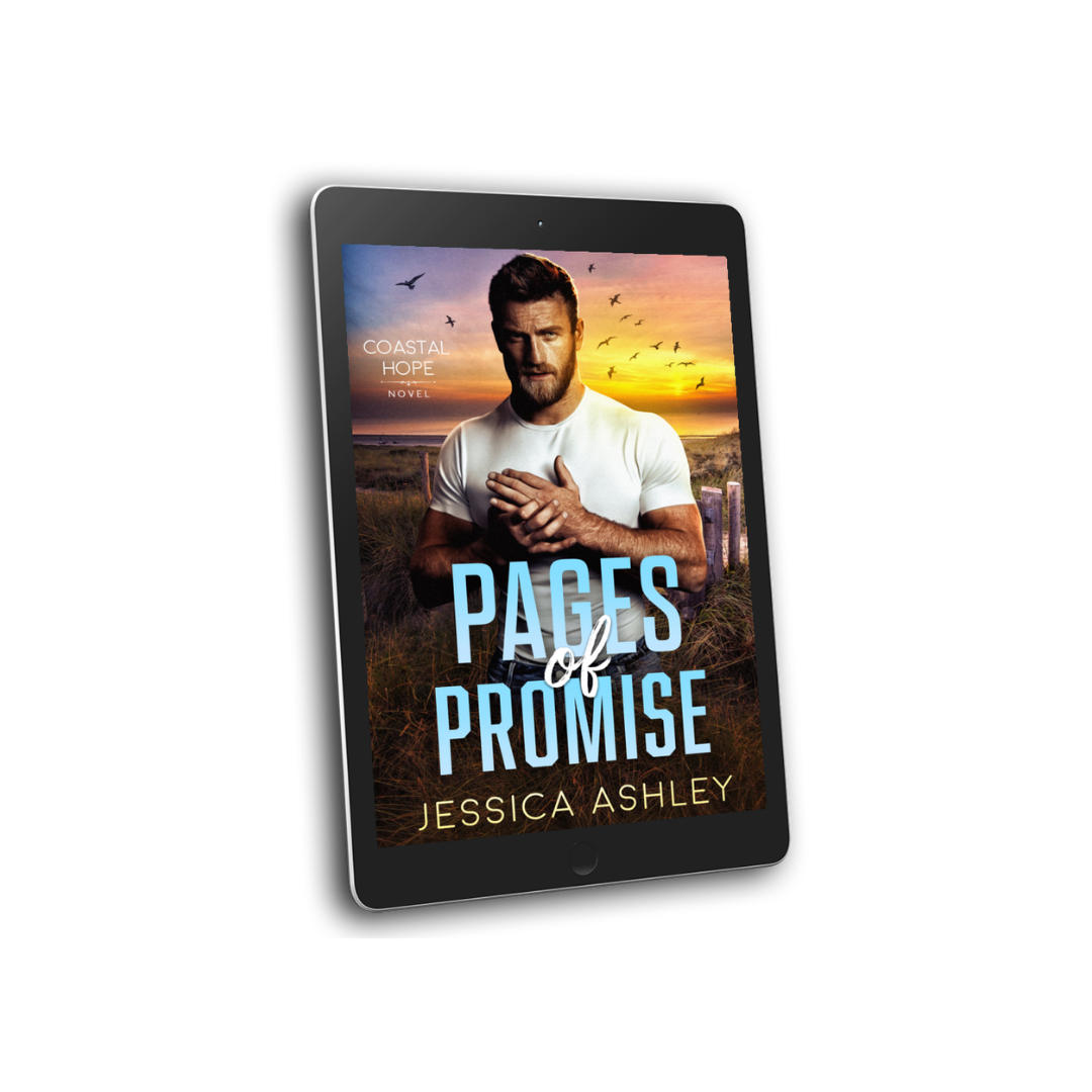 E-reader displaying the book cover of 'Pages of Promise' by Jessica Ashley with a scenic background.