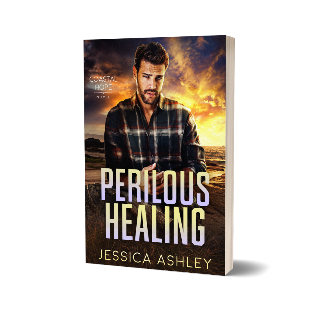 Book cover of 'Perilous Healing' by Jessica Ashley with a man in a plaid shirt against a sunset background.