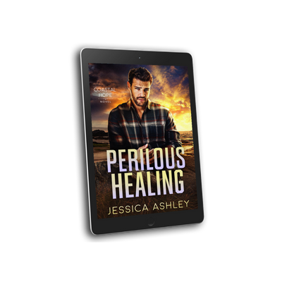 Ebook cover of 'Perilous Healing' by Jessica Ashley on a tablet with a scenic background.