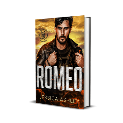 Book cover of 'Romeo' by Jessica Ashley with a man in a leather jacket on a white background