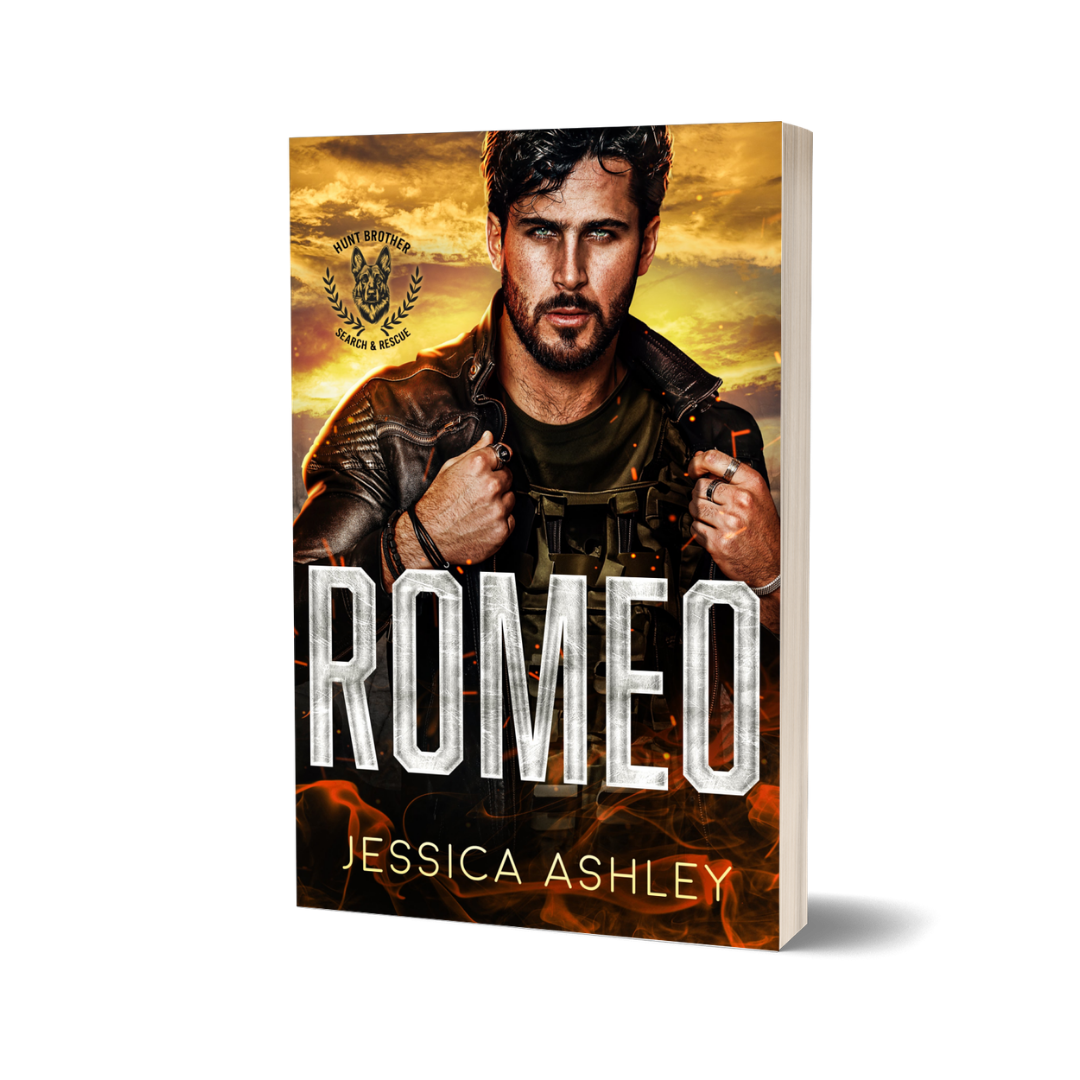 Book cover of 'Romeo' by Jessica Ashley with a man in a leather jacket against a fiery background.