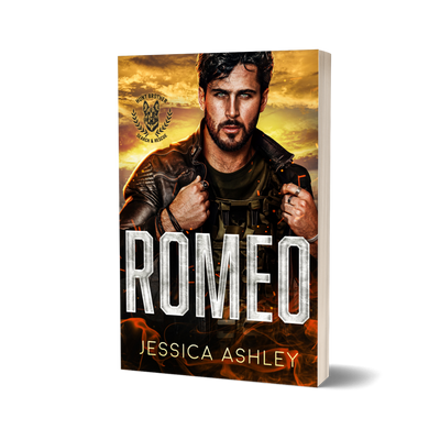Book cover of 'Romeo' by Jessica Ashley with a man in a leather jacket against a fiery background.