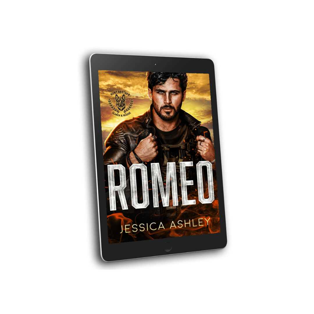 Ebook cover of 'Romeo' by Jessica Ashley on a tablet with a white background