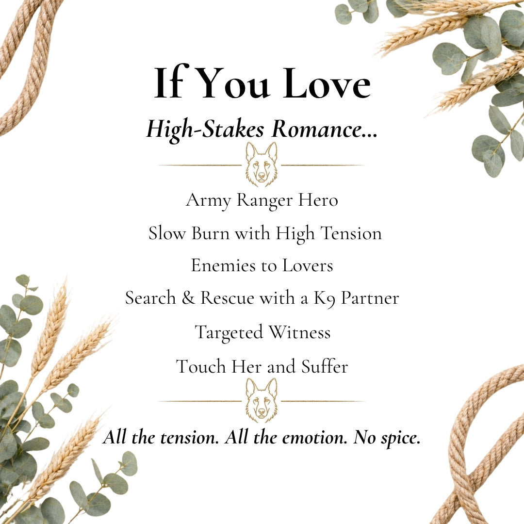 Text describing high-stakes romance with military elements, surrounded by decorative elements like ropes and leaves.