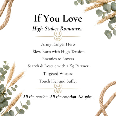 Text describing high-stakes romance with military elements, surrounded by decorative elements like ropes and leaves.