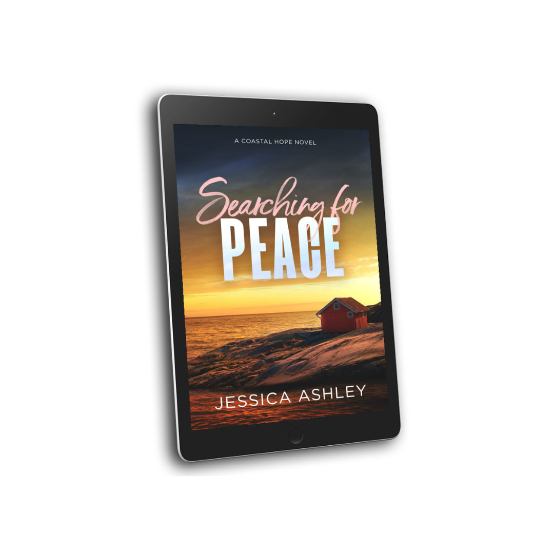 Ebook cover of 'Searching for Peace' by Jessica Ashley on a tablet with a sunset over water and beach scene.