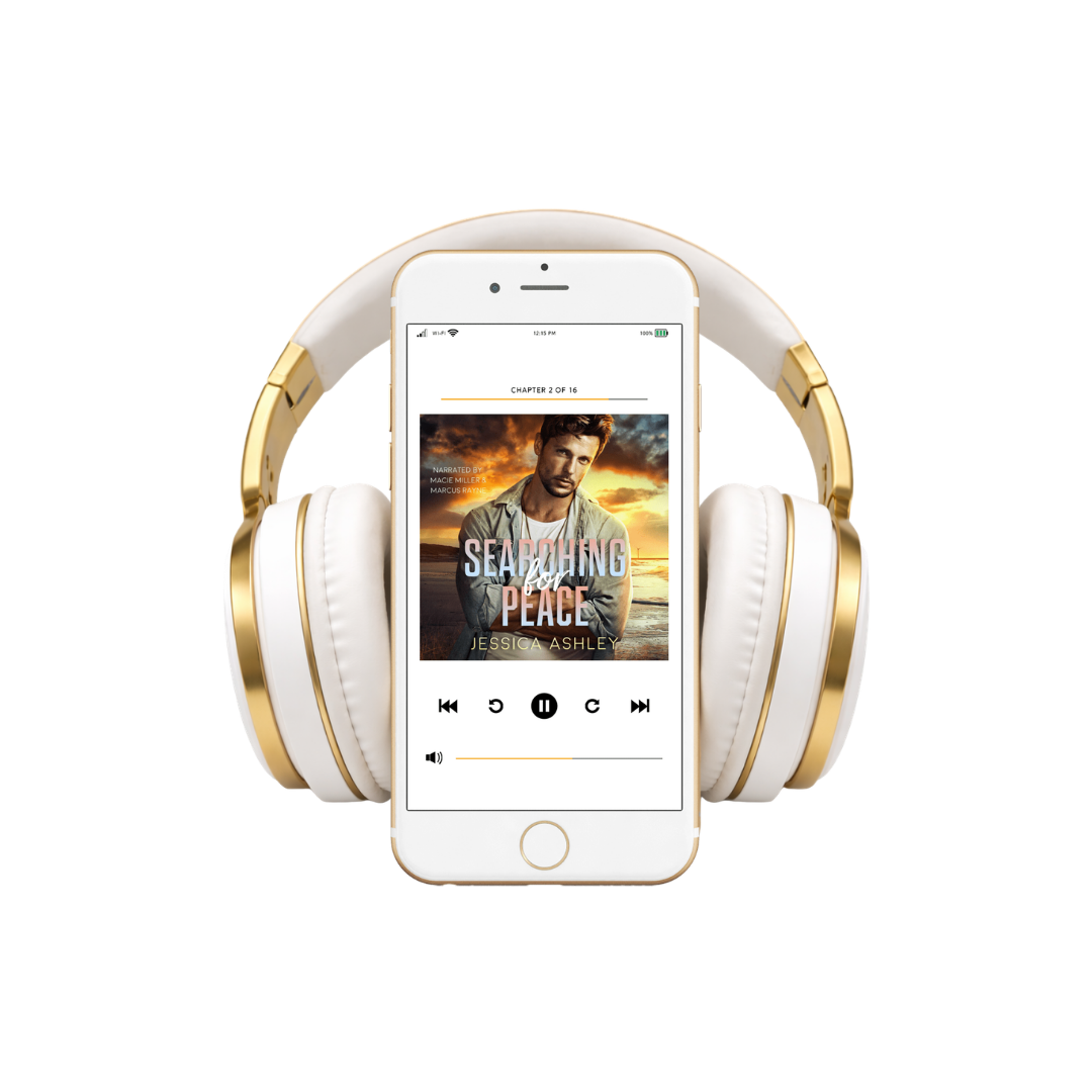 White and gold headphones with a smartphone displaying an audiobook cover on a white background
