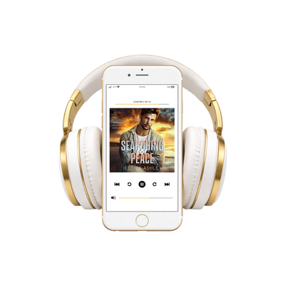White and gold headphones with a smartphone displaying an audiobook cover on a white background