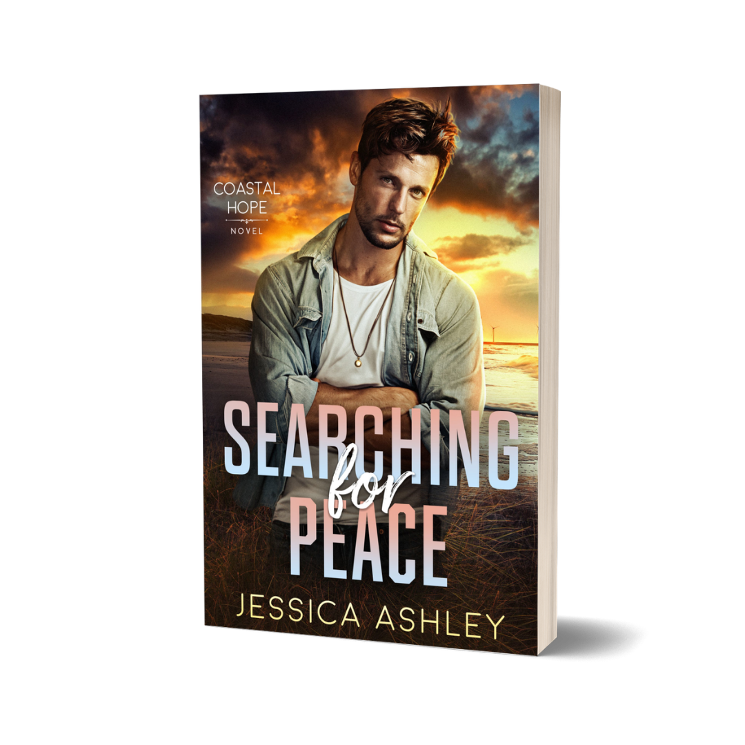 Book cover of 'Searching for Peace' by Jessica Ashley with a man on a beach.
