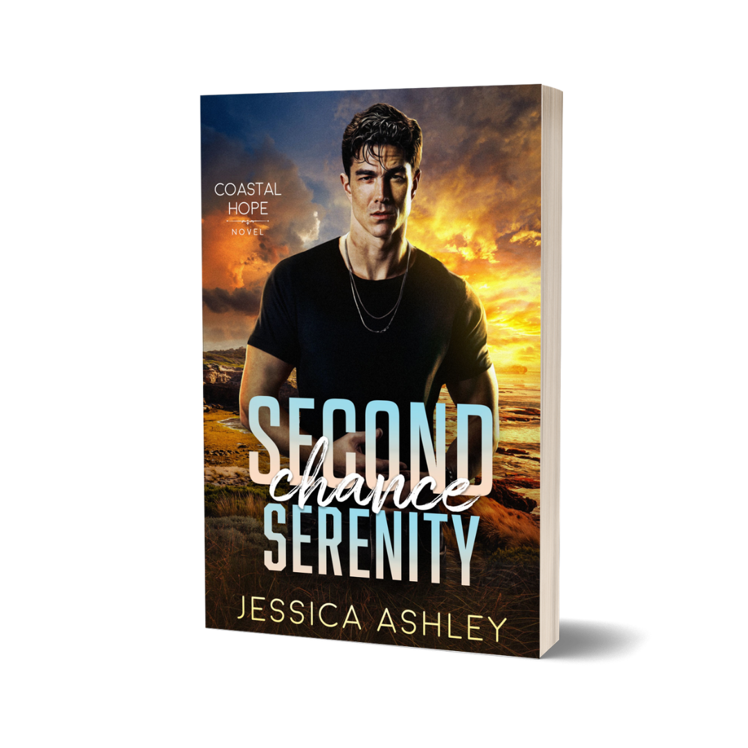 Book cover of 'Second Chance Serenity' by Jessica Ashley with a man on a beach.