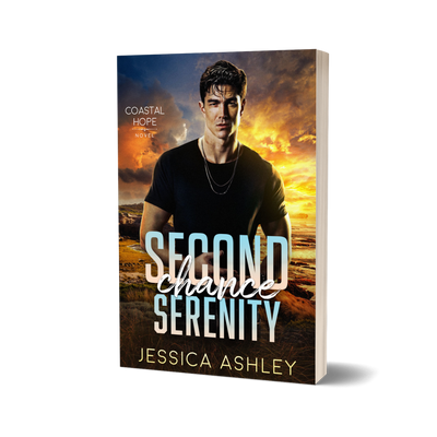 Book cover of 'Second Chance Serenity' by Jessica Ashley with a man on a beach.