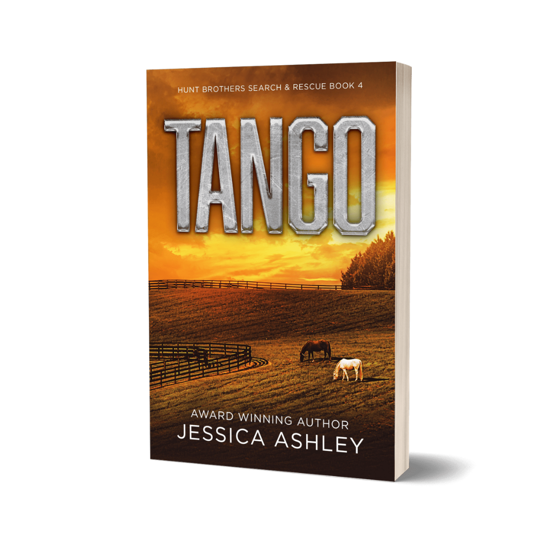 Book cover of 'Tango' by Jessica Ashley with a sunset and horses in a field.