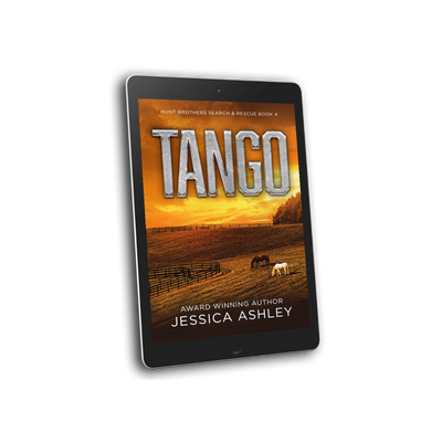 Ebook cover of 'Tango' by Jessica Ashley on a tablet with a sunset and horses scene.