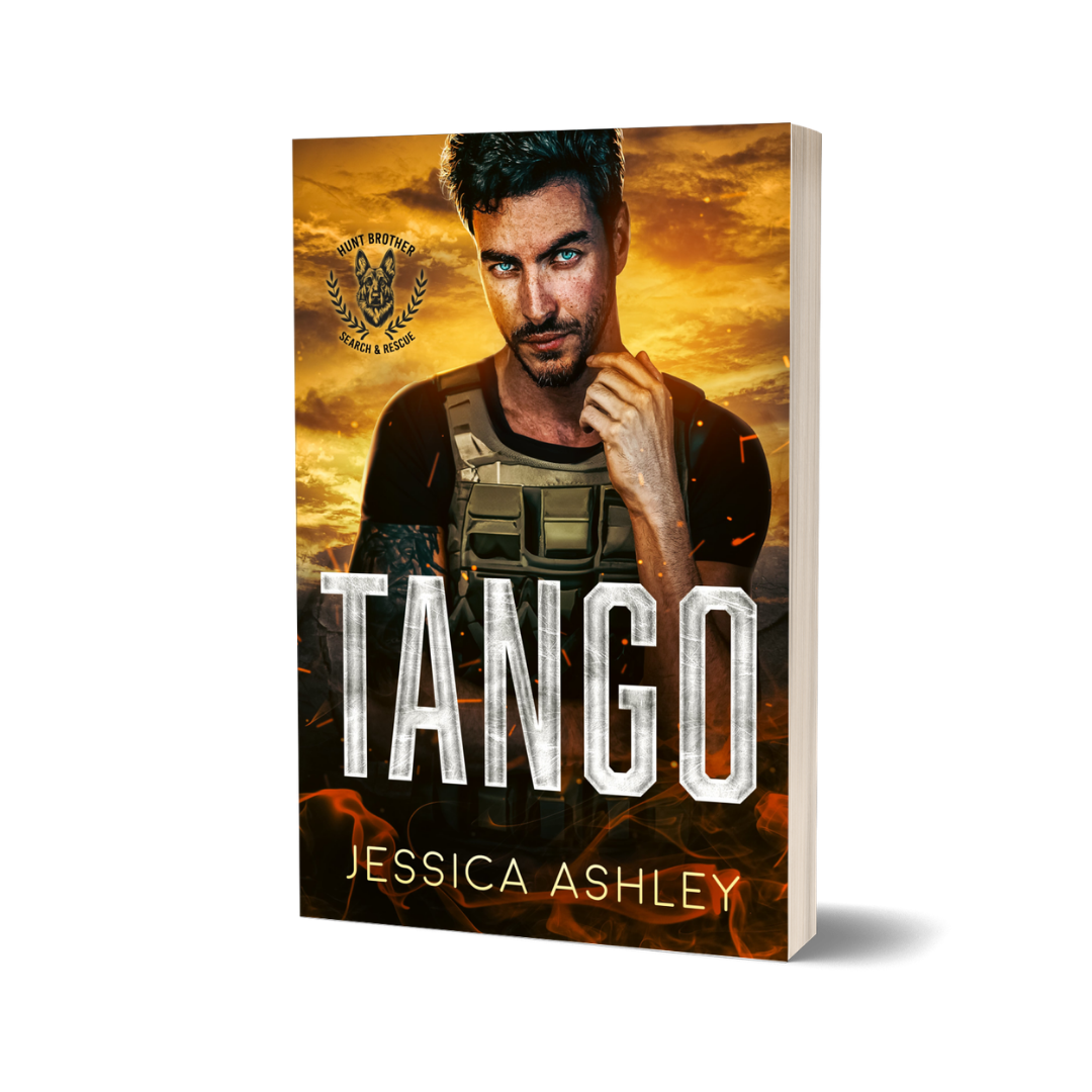 Book cover of 'Tango' by Jessica Ashley with a man's face and fiery background.