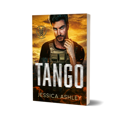 Book cover of 'Tango' by Jessica Ashley with a man's face and fiery background.