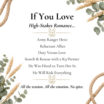 Promotional text for high-stakes romance with military elements, surrounded by decorative elements like leaves and ropes.